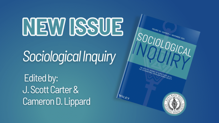 Graphic for press release for November 2024 Issue of Sociological Inquiry showing an image of the issue cover, the Alpha Kappa Delta logo, and the name of the issue editors.