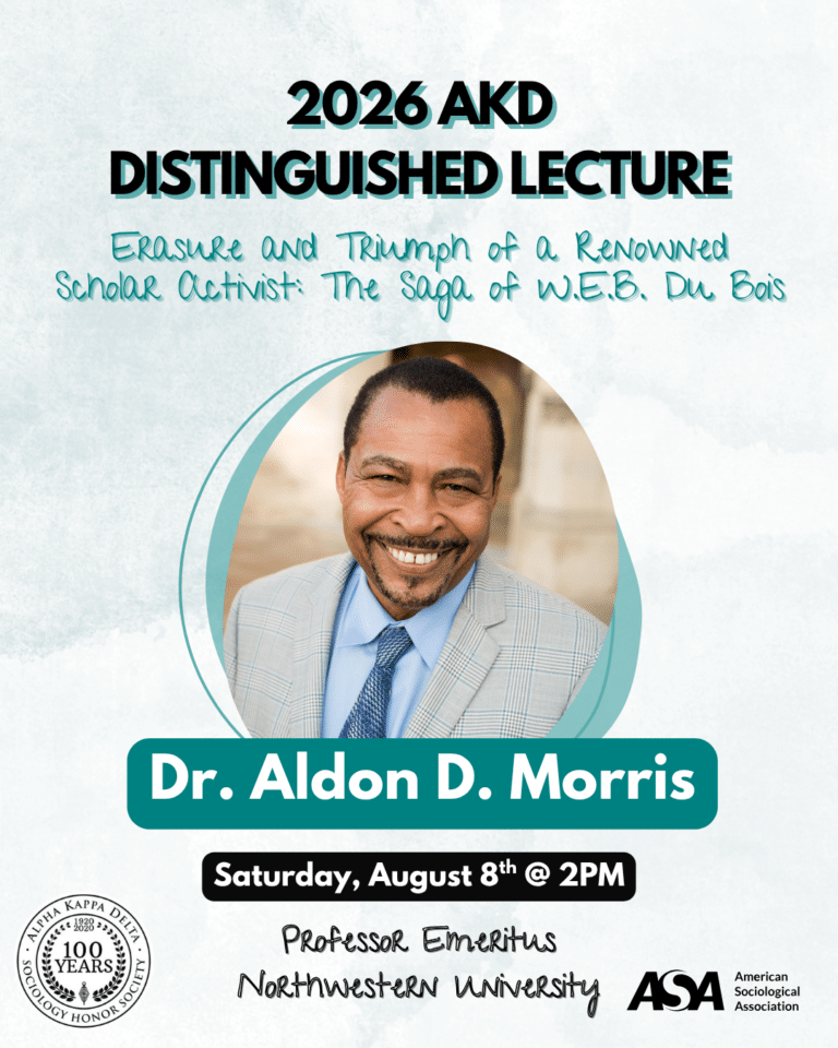 Promotional poster for the 2026 Distinguished Lecture at ASA by Dr. Aldon D. Morris, to take place Saturday, August 8 at 2PM.
